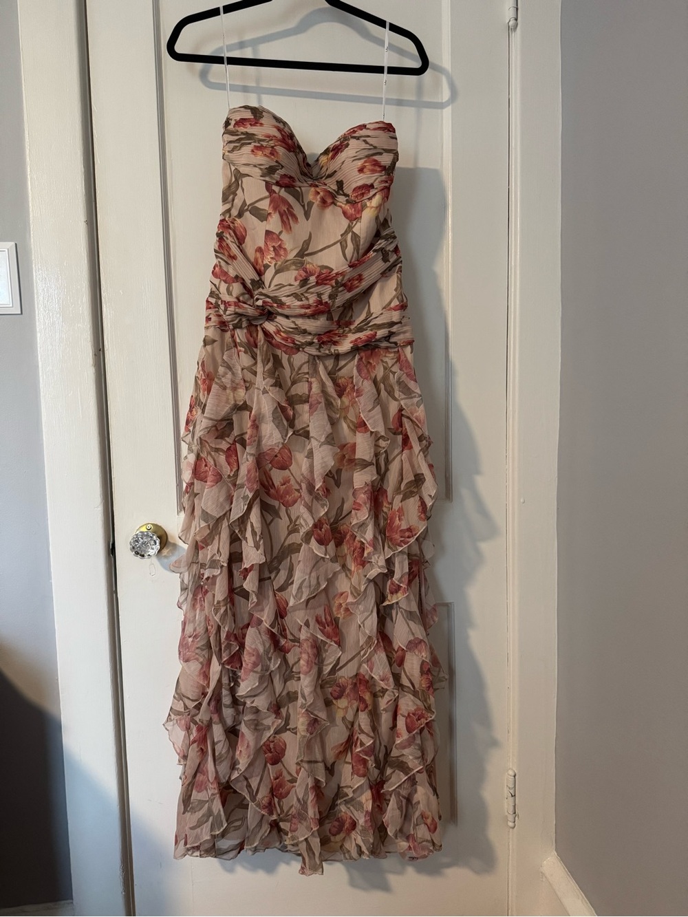 Lulu's Strapless Floral Ruffle Maxi Dress in Blush and Green